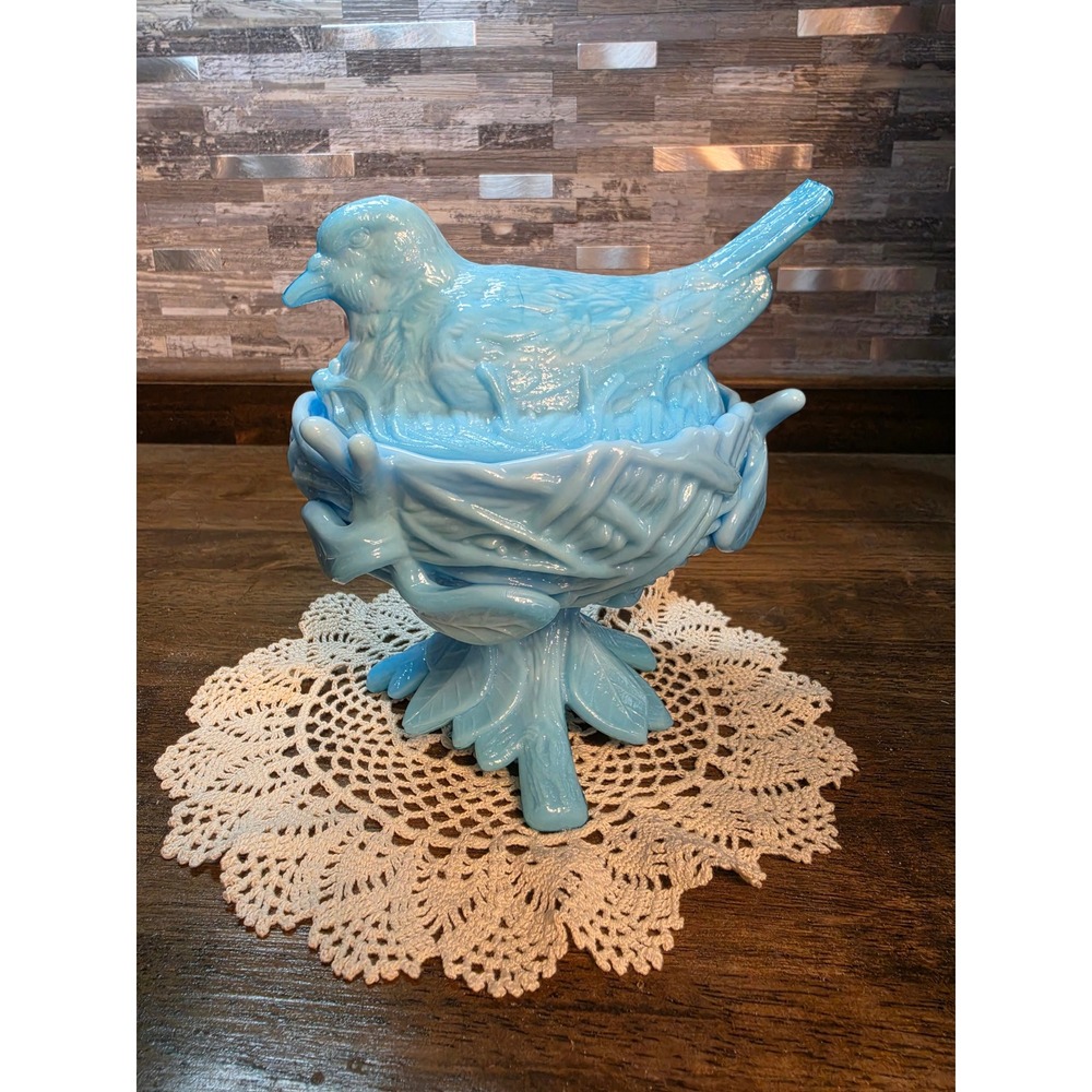 Westmoreland Blue Slag Glass Bird on Nest Pedestal Covered Candy Dish Vintage